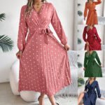 Spring Summer Elegant Long Dress Cross V-Neck Contrast Polka Dot Long Sleeve Pleated Bridesmaid Dresses