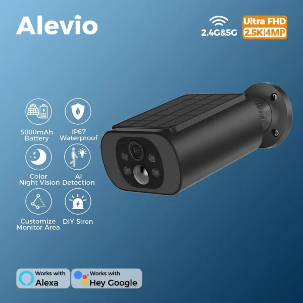 ALEVIO Solar Camera Outdoor WIFI Wireless Security Cam 2.5K Ultra Standby Time PIR Light Color Night Vision AI Detect CCTV Cam